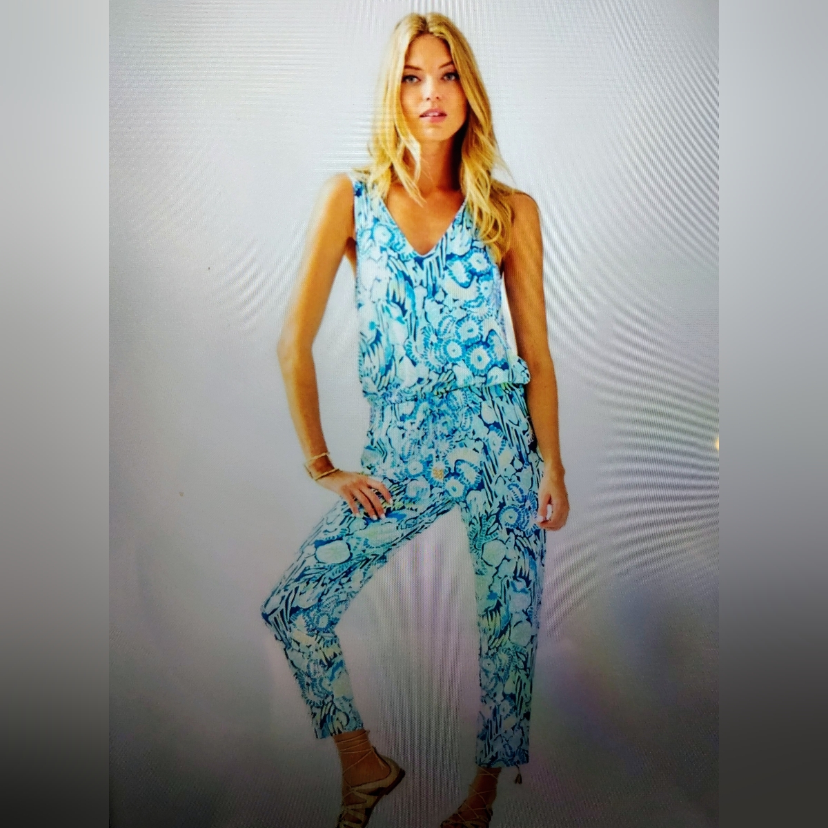 Lilly Pulitzer V-Neck Paulina Long Jumpsuit Blue Reef Racer-Back Size Xxs